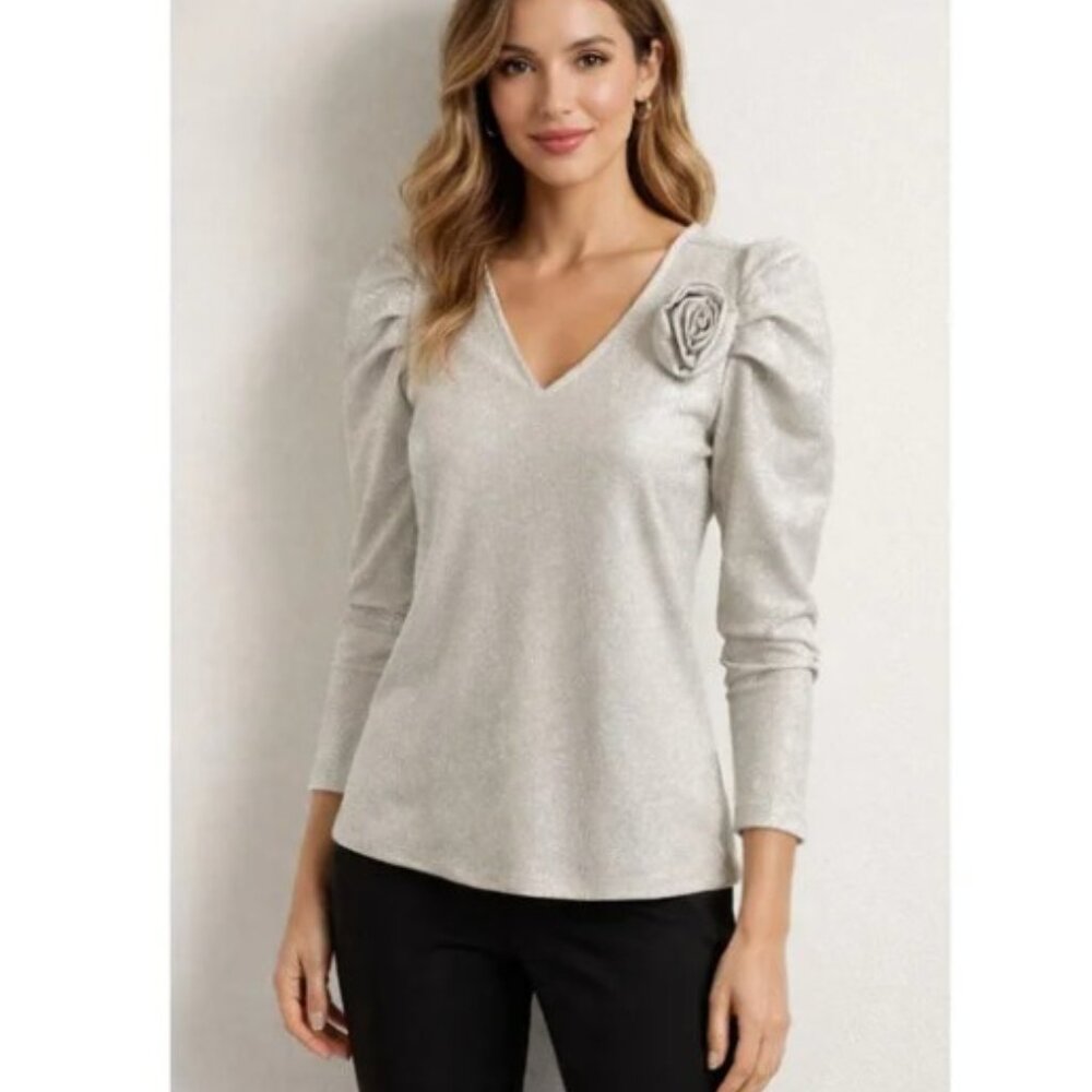 NEW Alex & Parker Women's Silver Shimmer Blouse with Puff Sleeves Size S